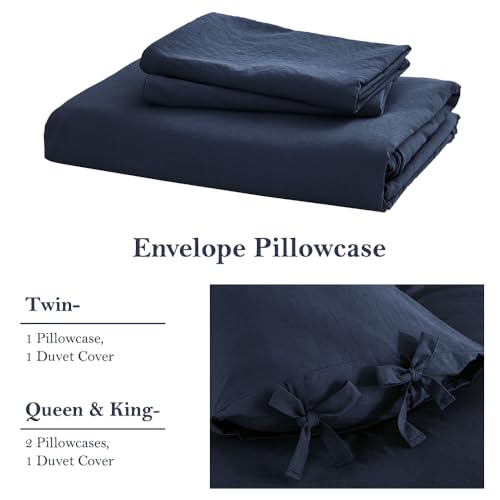 Image of annadaif Grayish Navy Duvet Cover King Size, 3 Pieces Soft Washed Microfiber Duvet Cover Set, Comforter Cover with Bowknot Bow Tie (1 Duvet Cover 104x90 Inch, 2 Pillowcases) Easy Care Bedding Set | Soft Washed Comforter Cover ,Bowknot Bow Tie, (1 Duvet Cover 104x90 Inch, 2 Pillowcases) ,Easy Care Bedding Set