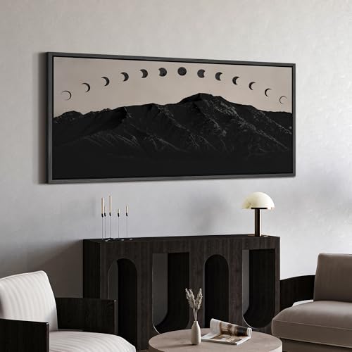 Image of MUDECOR Extra Large Framed Canvas Print Wall Art Black Mountain Silhouette with Moon Phases Minimalist Antique Retro Ready to Hang Painting for Living Room Bedroom Multi-Sizes - 60 inchx30 inch
