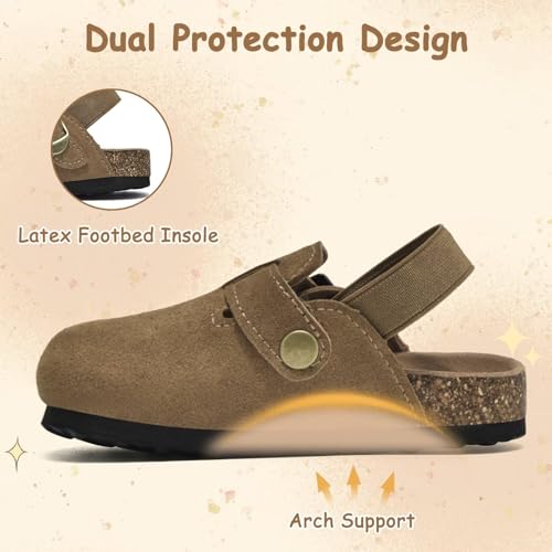 Image of Kids Suede Clogs Boys Girls Mules Cork Genuine Leather Sandals with Adjustable Buckle Slippers Potato Shoe Indoor Outdoor Slip On Slide for Big Kids