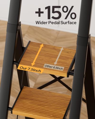 Image of 6 Step Ladder for 12 Feet High Ceiling, Lightweight Aluminum Folding Step Stool with Convenient Handgrip, Stepladders with Anti-Slip and Wide Pedal for Home Use Space Saving - Black+Woodgrain