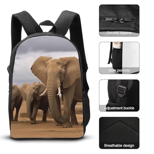 3 Piece Backpack for Women Men Lightweight Causal Daypack Shoulder Bag Set with Insulated Lunch Bag And Pencil Case Organizers Elephant Family3