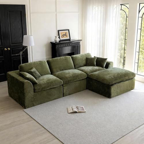 115''Cloud Sectional Couch for Living Room, Modern L-Shape Sofa with Ottoman, Oversized Convertible 3 Seater Modular Couches, Forest Green