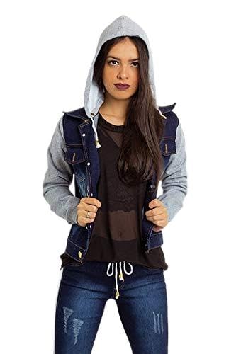 Jaqueta Jeans Com Touca e Manga Moletom