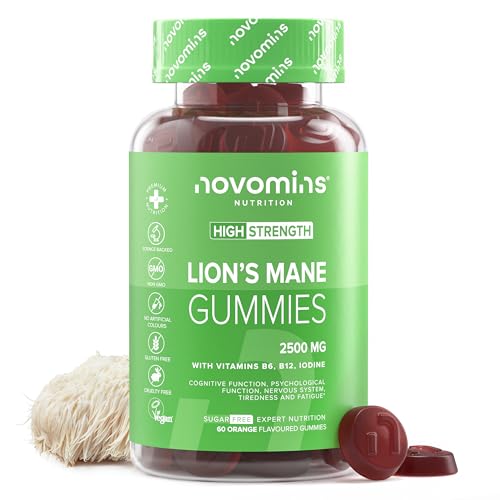 Gominolas de Melena de León 2500 mg - Con Vitaminas B6, B12 y Yodo - Nootrópico para Memoria, Concentración y Rendimiento Mental - Alternativa a Melena De Leon Capsulas - 60 Gominolas - Novomins