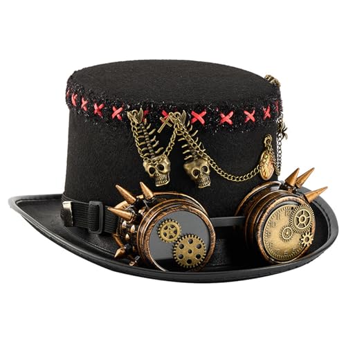 Chapeau haut-de-forme steampunk avec lunettes et engrenages en métal pour homme
