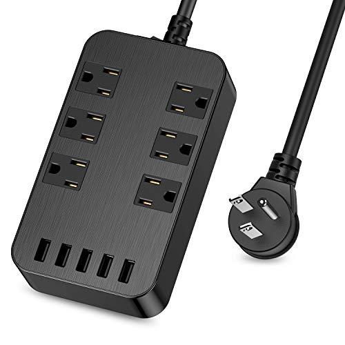 10Ft Surge Protector Power Strip with USB,ETL Listed,6 Widely-Spaced Outlets & 5 USB Ports, 1700 Joules, Right Angel Flat Plug, 10ft Long Extension Cord, Wall Mountable,On/Off Switch, Black