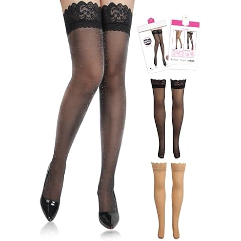sunshinelady 2 Pairs Rhinestone Plus Size Thigh High Stockings Silicone Lace Top Pantyhose Sexy Thigh Highs Vintage Lace Stockings Black and Nude 3XL-5XL (Box Package) Cover
