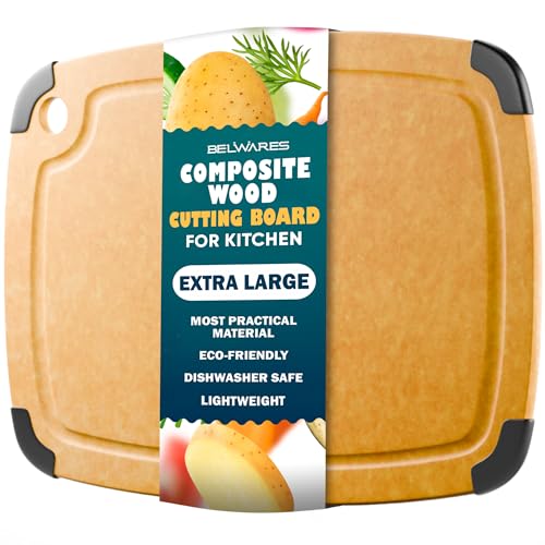 Dishwasher Safe Cutting Boards for Kitchen - Extra Large Composite Wood Cutting Board with Non-Slip Feet & Juice Groove - Thin & Lightweight Eco-Friendly Chopping Board (18