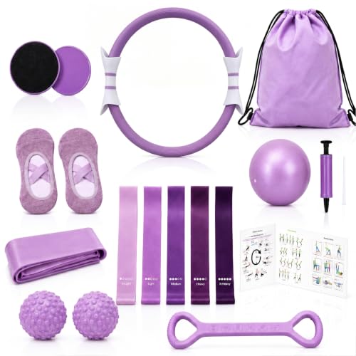 Hoikwo Purple 15 Pcs Pilates Kit for Women Resistance Bands Combo Yoga Sets