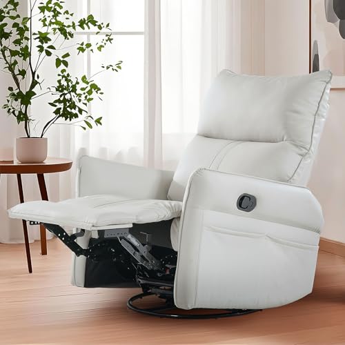 EMAI Swivel Rocker Recliner, PU Leather Manual Glider Nursery Swivel, for Bedroom, Living, Room, and Small Spaces Rocking, Two Pockets, 150° Tilt Angle Lazy Nursing Reclining Chair(Light Grey)