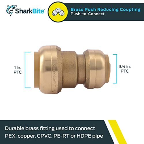 Sharkbite 1 Inch X 3/4 Inch Reducing Coupling, Push To Connect Brass Plumbing Fitting, Pex Pipe, Copper, Cpvc, Pe-Rt, Hdpe, U060Lfa #TOP1