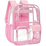 PACKISM Clear Backpack for School Work - 17 inch Heavy Duty Clear Bookbag with Reinforced Bottom, Transparent PVC See Through Security Backpacks for Students with 3 Front Pockets,Pink (Age 12+)