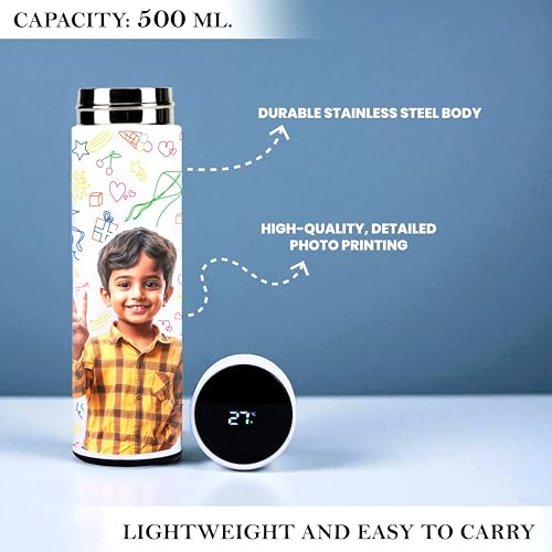 Image of Savri Personalized Stainless Steel White Water Bottle with Your Photo /Wishes /Logo Printed Best for School Going Kids /Return Gift /Christmas /New Year /Festival Gift Item | 500ml (Kid)