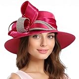 HISSHE Womens Church Derby Dress Hat Wide Brim Crystal Tea Party Wedding Hats (Rose)