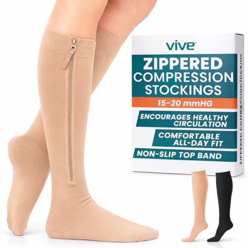 Vive Zipper Compression Socks Medical for Men & Women - 15-20 mmHg Knee High Stockings for Varicose Veins, Recovery, Edema, Post-Surgery Support - Elastic & Comfortable - Easy On for Elderly