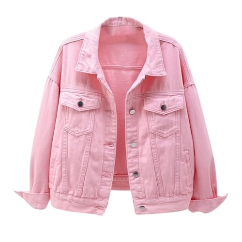 Veste en jean pour femme avec grandes poches pratiques manteau court rose à boutons
