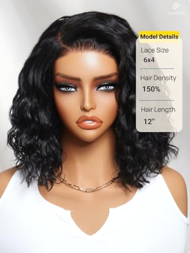 Image of Sunber Put On and Go Water Wave Bob Wig Human Hair No Slip Glueless Wig with Invisible Drawstring 220% Density Pre Cut HD Lace Front Wig Pre Plucked Bye Bye Knots Short Wet and Wavy Bob Wig 10inch