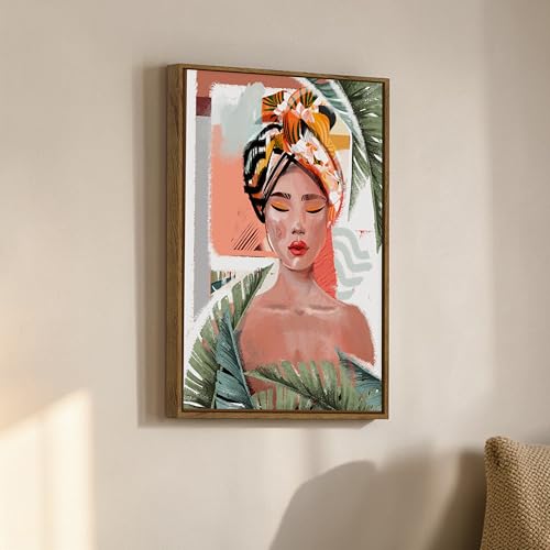 Image of Modern Bohemian Tropical Woman Portrait Framed Canvas Painting For Living Room | Botanical Abstract Female Wall Art For Livingroom Wall Decor, Home Decor, Bedroom, Hallway's, Office, Hotel - 43x58 cm