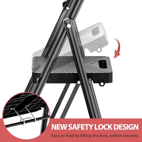 KINGRACK Folding 2 Step Ladder, Portable Ladder for Multi-Purpose, Home, Kitchen, Heavy Sturdy Steel Step Stool with Anti-Slip Wide Pedals, Handrail, Safe-Lock Design, Pass 500lbs Load Testing, Black by KINGRACK - Image 3