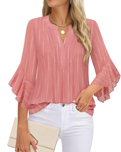 Image of Timeson Women's Short Sleeve V Neck Blouses Shirts Floral Double Layers Mesh Tunics Tops