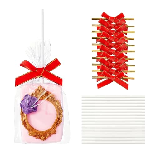 RomanticBaking 50 Sets Clear Rice Krispie Treat Bags with Red Ribbon Bow and Stick & Flat Cellophane Clear Bags for Rice Krispie Treats Gift Giving Bag(Red)