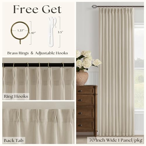 Image of Extra Wide Oatmeal Pinch Pleat Semi Sheer Linen Curtain 70x120 Inch 1 Panel | Non See Through Privacy, Faux Textured, Hook Rings Memory Shape, Farmhouse Boho, 70 inch wide Floor To Ceiling 120 inch Long