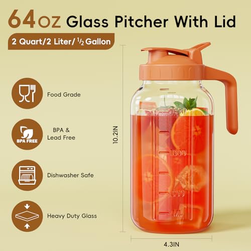 Glass Mason Jar Pitcher, 64 oz Wide Mouth Jug with Pour Spout Handle Lid for Cold Brew Coffee, Ice Beverage, Iced Juice, Lemonade, Sun Tea, Fruit Drinks Container(Orange) by JunVpic - Image 2