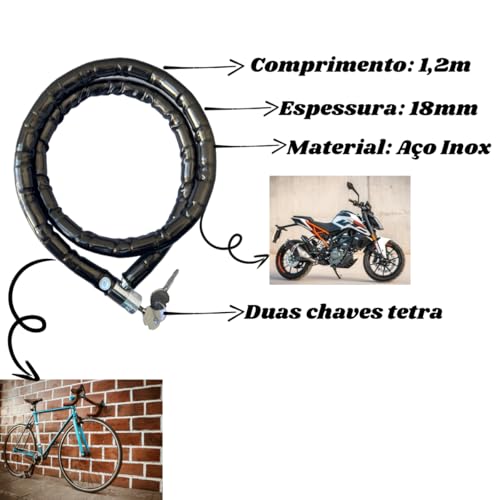 Cadeado Corrente Trava Antifurto Articulado Grosso 18mm Moto, Bike, Estepe, Portão Em Aço Inoxidável