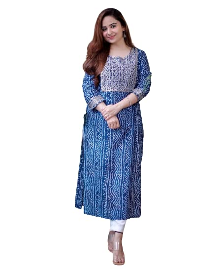 Navy Blue Viscose Rayon Bandhani Embroidered Straight Kurta