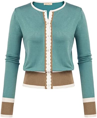 Women's Cardigan Sweater Color Block Long Sleeve Crew Neck Knit C...