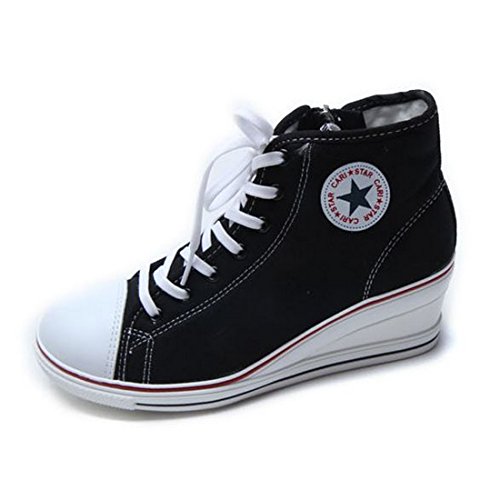 EpicStep Women's Black Canvas Shoes High Tops Zip Lace Up Fashion Sneakers Platform
