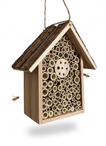Redwood Mason Bee House - Solitary Bee Hotel & Wooden Pollinator House | Leafcutter Bee Hive with Easy-Hang Jute Rope | Weatherproof Insect Hotel & Outdoor Garden Decor for Pollinators