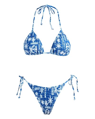 Image of Women's Triangle Bikini Set String Swimsuit Print Tie Smocked Ruched Two Piece Bathing Suit