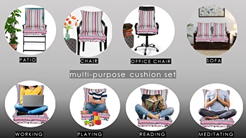Image of Woven Quilted Floor Cushion Set 60x60x10 CM Multi Color Stripe with Fillers & Back Cushion, Large Size for Seating, Patio Seat, Meditation, Yoga, Pooja, Guests, Living 24x24x4 Inch