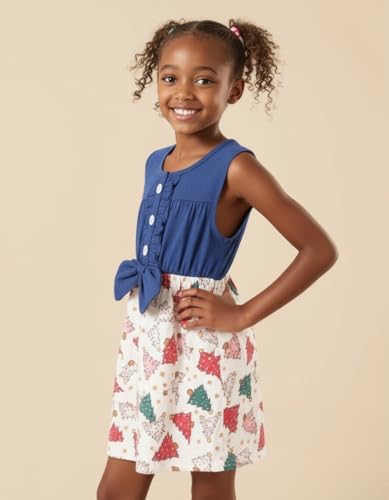 Image of Unique Baby Girls Sleeveless Denim Dress with Knot Tie and Fun Print for Toddler and Big Kids