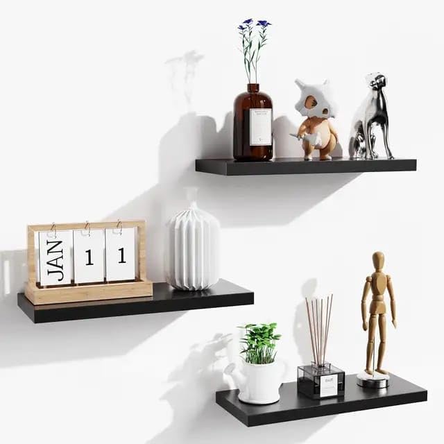 Image of Kassar Floating Wall Shelves Set of 3, Black, Wood, Modern Display Ledge for Home Decor (Black)