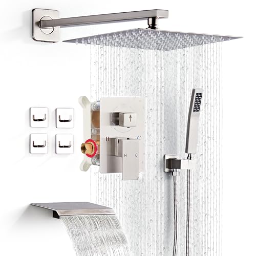 Shower Faucet Set with Tub Spout, Brushed Nickel Rainfall Shower System Complete Wall Mounted for Bathroom with 10 Inch Square Shower Head and Handheld Shower Head Rain Mixer Combo Set