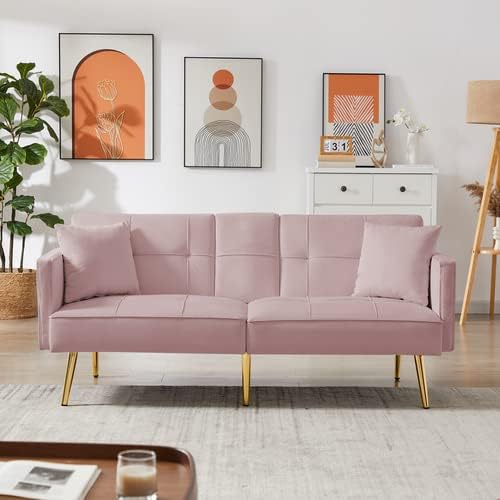 anwickjeff 69'' Modern Velvet Convertible Folding Futon Couch Sofa Bed w/2 Cupholders & Metal Legs, Futon Chair Loveseat Couch Sleeper Chair for Small Space Office Living Room Apartment (Pink)