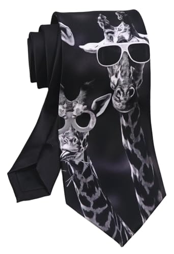 Elfeves Black and White Tie Funny Neckties Giraffes With Sunglasses Ties Art Vincent Neck Ties For Men teen