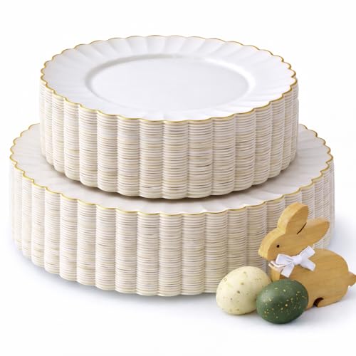 By Madee HEAVYWEIGHT 60 Pc Ivory Scalloped Easter Plastic Plates for Party with Gold Trim – 30 Dinner & 30 Dessert Plates – Elegant & Fancy for Wedding, Showers, Special Moments (30 Guests)