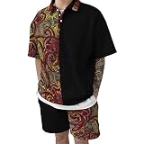 URVIP Herren 2 Stück Casual 3D Gedruckte Kurzarm Hawaiian Golf Polo Shirts und Shorts Outfit Sets Multi-28 L