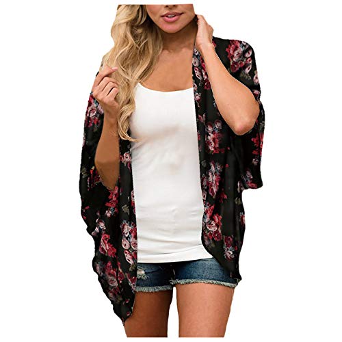 Women Floral Kimono Cardigan Top Summer Beach Sheer Cover up Shirt Blouse Loose Shawl (Black, L)
