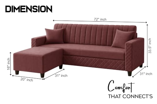 Image of L-Shaped 3 Seater Sectional Sofa with Ottoman | Modern Upholstered Couch | Vertical Channel Tufted Backrest | Diamond Quilted Arms & Base | Comfortable Living Room Furniture - Rose Pink