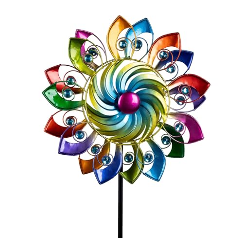 formano Buntes Windrad Blume Garten Metall Windspiel Windmühle 124 cm Gartendeko Blumenstecker Taubenabwehr Vogelabwehr Acryl-Steine Gartenfigur Dekoration Außen Windspiel Metall-Blume