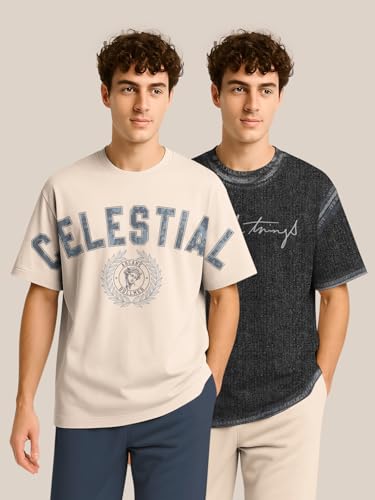 Image of BULLMER Trendy Half Sleeve Oversized Cotton Blend Crew Neck Tshirt for Men - Pack of 2