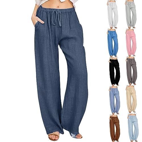 Summer Pants for Women Casual 2024 Summer Drawstring Elastic High Waist Linen Pant Straight Wide Leg Cropped Trousers