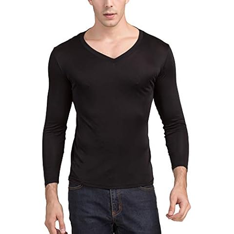 Paradise Silk Men's Pure Silk V Neck Long Sleeves Long Johns Top[USL,Black] Cover