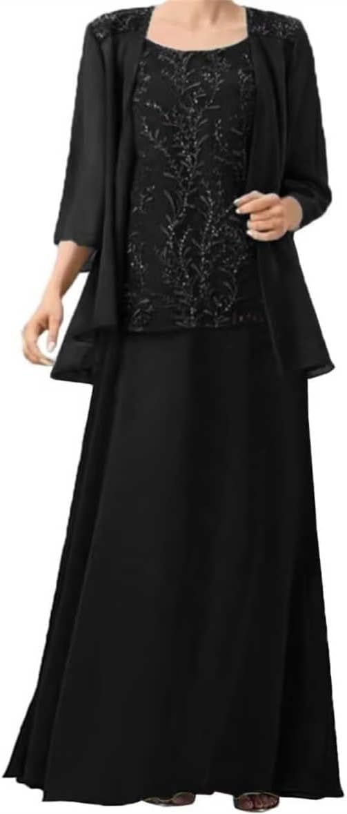2 Pieces Mother of The Bride Dresses for Women Chiffon 3/4 Sleeves Mother of The Groom Dress with Jacket