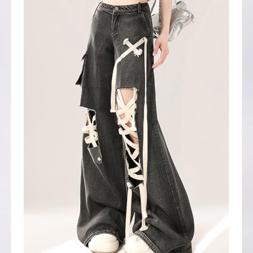 Y2K Gothic High Waisted Straight Leg Baggy Denim Pants Fashion Vintage Drawstring Ripped Jeans for Women2