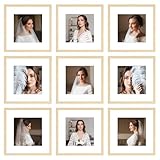 BSRHOME 12x12 Picture Frame Set of 9, Display Pictures 8x8 with Mat or 12x12 without Mat, Multi Collage Gallery Square Photo Frames for Wall or Tabletop, Natural Wood